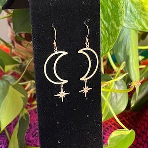 Moon and Star Lunar Mystic Earrings | Celestial Brass Whimsygoth Fortune Teller Jewelry | Handcrafted Bohemian Gold Toned Gift For Her