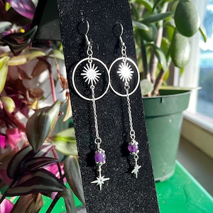 Dangling Celestial Amethyst Earrings | Handcrafted Delicate Crystal Earrings | Whimsigoth Star Hoop Earrings | Silver Toned Mystic Jewelry