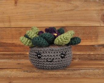 African Violet Plant, Grey Pot, Crochet Plant, Crochet Cactus, Hand Made, Amigurumi, Gift for Friend, Birthday Gift, Easter Basket