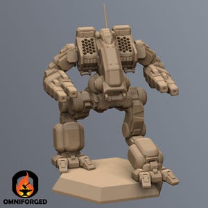 May include: A tan-colored, mechanical robot model with a detailed design. The robot has a central body, two arms, and two legs, with a hexagonal pattern on the back. The robot is standing on a tan-colored hexagonal base. The logo "OMNIFORGED" is in the bottom left corner.