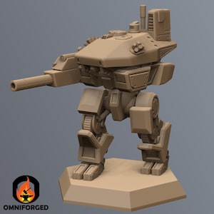 Puede incluir: Modelo de máquina de guerra mecánica de color beige, con un cañón grande, blindaje detallado y una base rectangular. El modelo tiene un diseño futurista, con componentes mecánicos visibles y una estructura detallada.