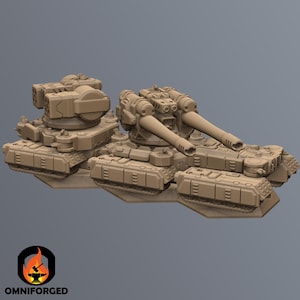 May include: Two tan-colored miniature tanks with detailed turrets and treads. One tank has a large, rounded turret, while the other features two long cannons. The tanks are set against a gray background. The logo "OMNIFORGED" is visible.