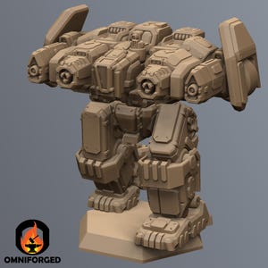 May include: A tan-colored, detailed model of a bipedal mech robot. The robot has a blocky design with multiple weapon ports and protective panels. The Omniforged logo is visible at the bottom.