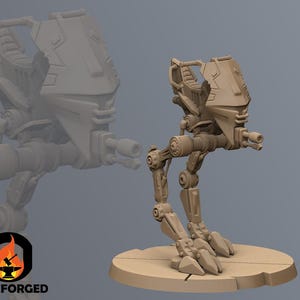 May include: A tan-coloured, mechanical walker model with a detailed design. The model features a cockpit, articulated legs, and a weapon on the side. It stands on a circular base. The Omniforged logo is visible in the lower left corner.