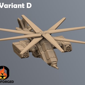 May include: A detailed model of a futuristic helicopter with six blades, a large body, and a gun turret. The model is made of a light brown plastic and is labelled "Variant D".