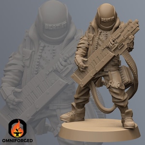 May include: A tan-colored figurine of a futuristic figure holding a large, rectangular instrument. The figure wears a helmet with the text "BEAT IT" and a detailed outfit. The figure is standing on a circular base. The Omniforged logo is in the lower left corner.