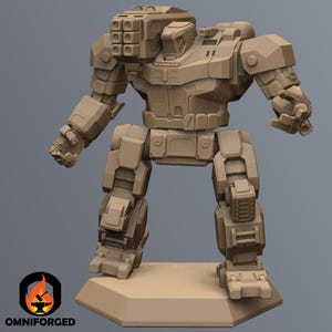 May include: A tan-colored, detailed model of a bipedal mech robot, standing on a hexagonal base. The robot has a large head with a missile launcher and articulated limbs. The Omniforged logo is in the lower left corner.