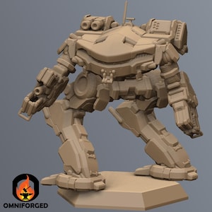 May include: A tan-colored, detailed model of a bipedal mech robot. The robot has a complex design with multiple articulated joints, weapons, and sensors. The model is standing on a square base, with the Omniforged logo in the lower left corner.