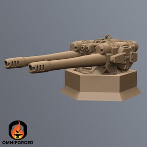 May include: A tan-colored, dual-barreled artillery cannon model. The cannon features two long barrels with slotted ends, mounted on a hexagonal base. The logo "OMNIFORGED" is visible in the lower left corner.