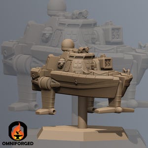May include: A tan model of a futuristic boat, featuring detailed elements such as a radar dome, missile launchers, and a propeller system. The model is mounted on a stand, with a blurred outline of a similar model in the background.
