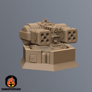 May include: A tan-colored, 3D-printed model of a futuristic turret. The model features multiple square missile launchers with circular openings, a central targeting system, and a base with a small door. The Omniforged logo is visible at the bottom.