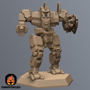 May include: A tan-coloured, detailed model of a bipedal mech robot, standing on a hexagonal base. The robot has a blocky design with visible weaponry and armour plating. The Omniforged logo is visible in the lower left corner.