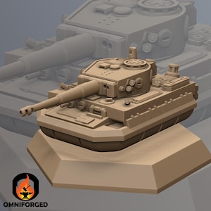 May include: A tan-colored model tank with a long barrel and detailed features. The tank sits on a tan-colored base. The logo "OMNIFORGED" is visible in the lower left corner.
