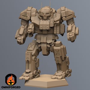 May include: A tan-colored, detailed model of a bipedal mech robot with a skull-shaped head. The robot has various weapon attachments and is standing on a small, square base. The Omniforged logo is visible in the lower left corner.
