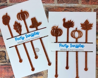 Fall Drink Stirrer Sticks, Swizzle Sticks, Fall Party Decor, Thanksgiving, Pumpkin, Bar Tools, Autumn Decor