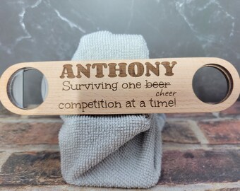 cheer dad beer bottle opener, stocking stuffers for men Christmas gifts for Dad from daughter, personalized beer opener, funny cheer coach