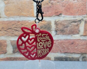 teach love inspire keychain for women, kindergarten teacher gift, preschool teacher appreciation gift, apple for teacher apple keychain for