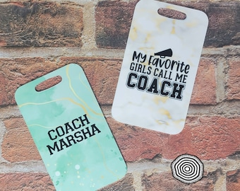 personalized cheerleading coach bag tags, cheer coach luggage tags, cheer coach competition gifts, cheer coach team gifts, coach gifts
