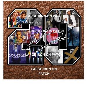 May include: A brown, leather-textured patch with a large "24" design. The design is filled with various images and text, including the words "LARGE IRON ON PATCH" and the text "THE AL".