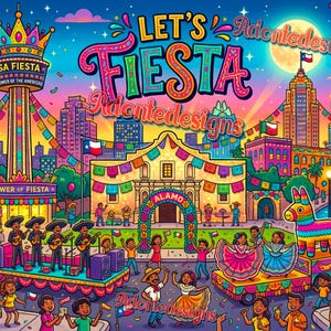 Op de afbeelding: Kleurrijke illustratie van een fiesta-scène met de tekst "Let's Fiesta". Het kunstwerk toont de Tower of the Americas, de Alamo en een parade met mariachi-muzikanten, dansers en piñatas. Vlaggen van Texas en Mexico zijn ook zichtbaar.