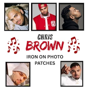 May include: Iron-on photo patches featuring Chris Brown. The design includes multiple images of the artist, musical notes, and the text "CHRIS BROWN IRON ON PHOTO PATCHES" in red and black.
