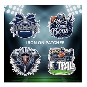 May include: Four iron-on patches with a football theme. The patches feature the words "DALLAS", "We Dem Boys", and "Cowboys FOOTBALL". Each patch has a different design, including footballs, helmets, and stars. The text "IRON ON PATCHES" is also included.