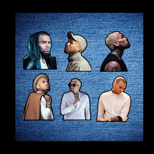 May include: Six sticker cutouts of a man in various poses and outfits. The stickers are placed on a denim background. The man is wearing a black leather jacket, a plaid cap, a black shirt, a tan coat, a white suit, and a white shirt.