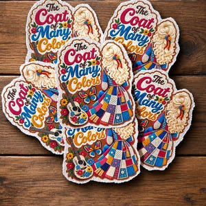 May include: Die-cut stickers featuring a blonde figure in a patchwork coat, an acoustic guitar, and colorful flowers. The text reads The Coat of Many Colors in red and blue script. Each sticker displays a butterfly and a detailed quilted pattern.
