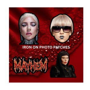 May include: Four iron-on photo patches featuring images of a celebrity with different hairstyles and makeup. The patches are on a red background with the text "IRON ON PHOTO PATCHES" and the word "MAYHEM".