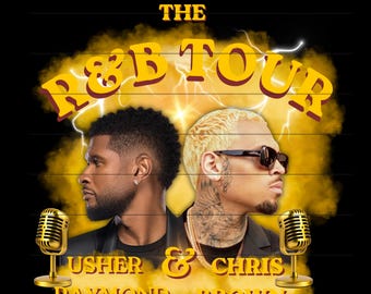 Puede incluir: Cartel de "The R&B Tour" con Usher y Chris Brown. El diseño tiene un fondo negro con texto amarillo y marrón y rayos. Dos micrófonos dorados flanquean las imágenes de los artistas.