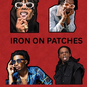 May include: Iron-on patches featuring four images of a person wearing sunglasses. The patches are on a red background with the words "IRON ON PATCHES" in the center. The images are in a square format.