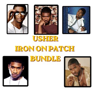 May include: An iron-on patch bundle featuring multiple images of Usher. The text "USHER IRON ON PATCH BUNDLE" is displayed in yellow. The images include Usher wearing sunglasses, a white shirt, and a brown shirt.
