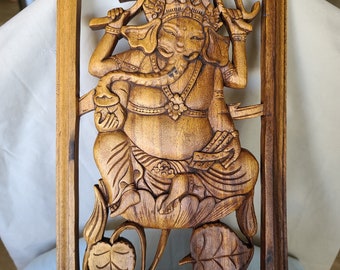 VINTAGE CARVED WOODEN elephant man framed in vintage Chinese carved wall art vintage carved wood wall art Chinese wood carving collectable