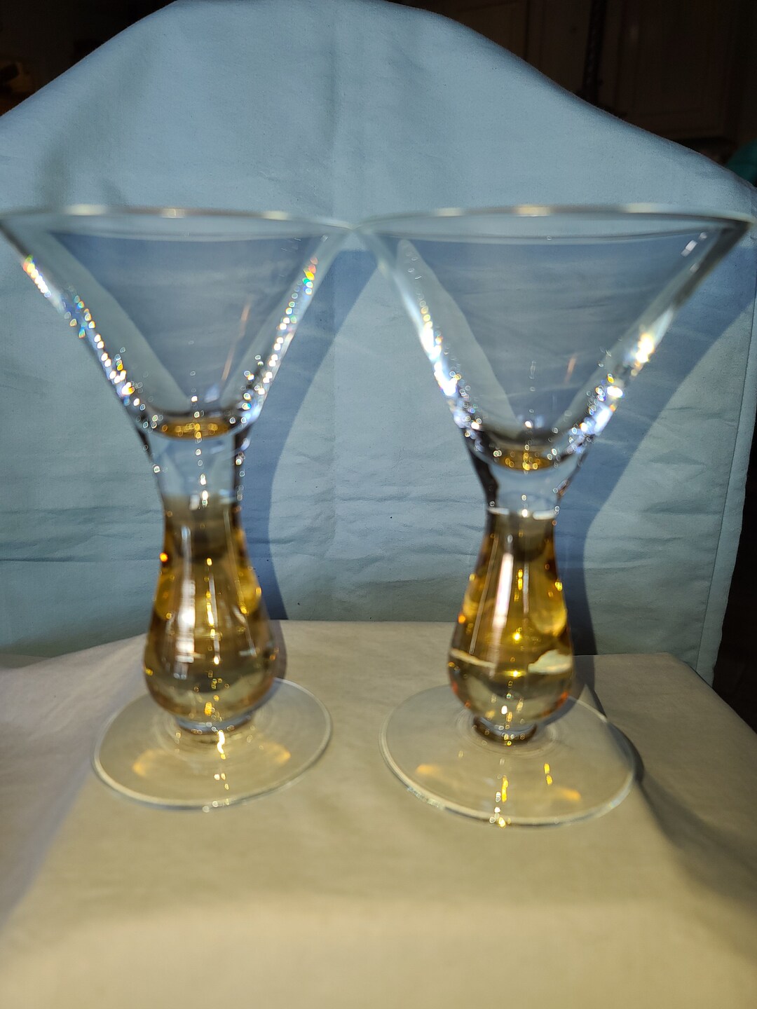 VINTAGE SET OF 2 Gold Bubble Stem Martini Glasses Barware Stemware