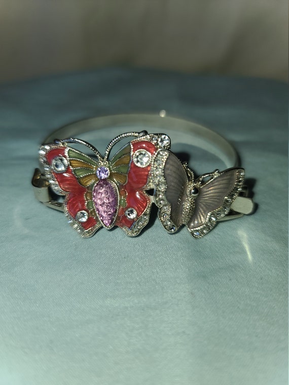 VINTAGE SILVER ENAMEL rhinestone butterfly bracele