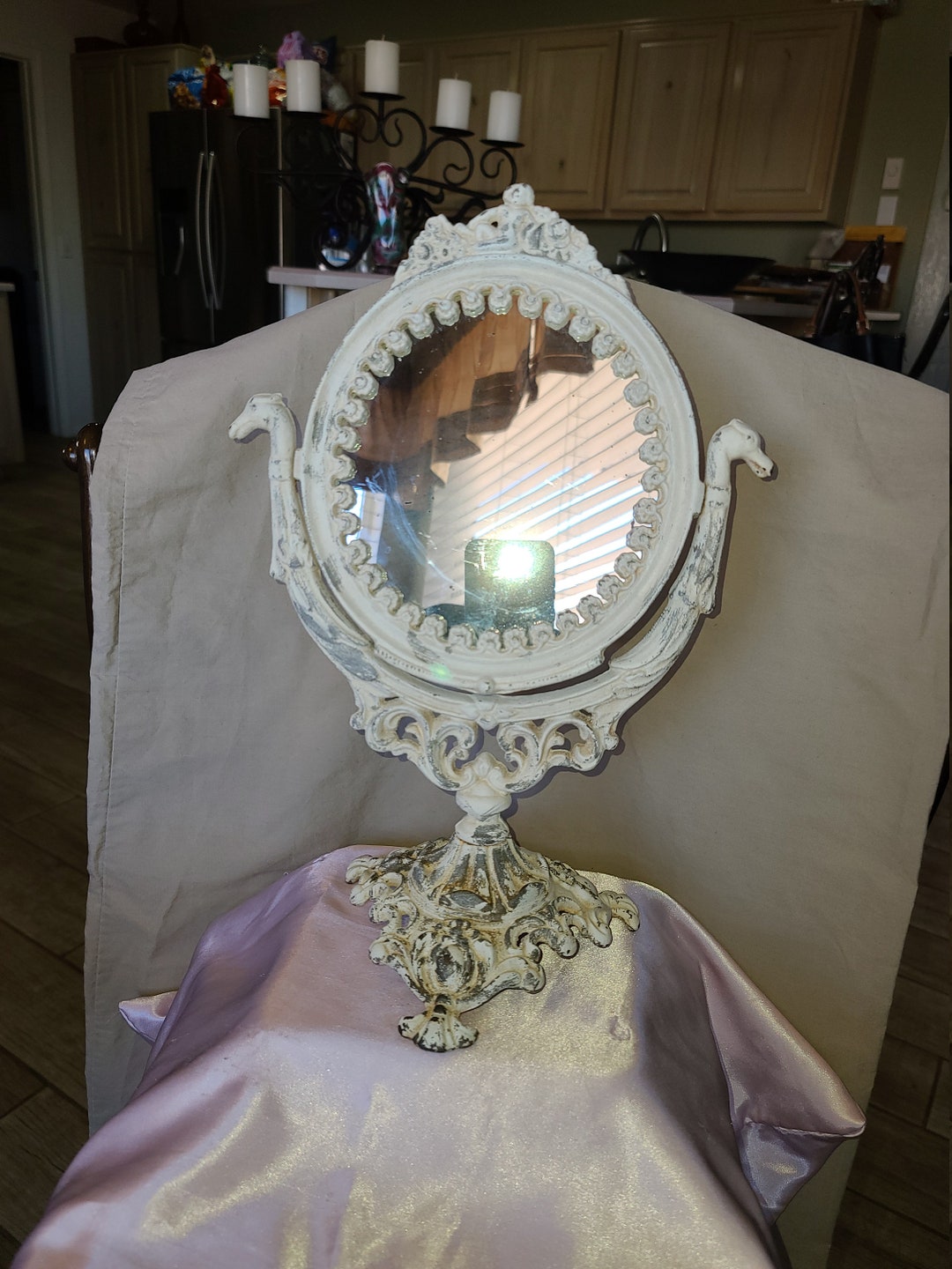 VINTAGE CARVED HEAVY Metal Mirror on Stand Collectable Vintage Ornate