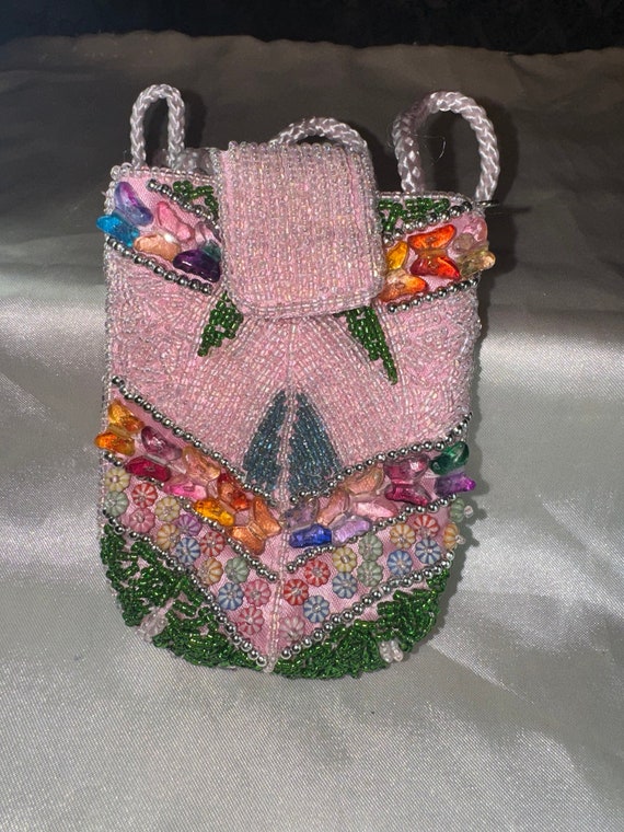 PINK HAND BEADED Small crossbody bag beaded purse… - image 1