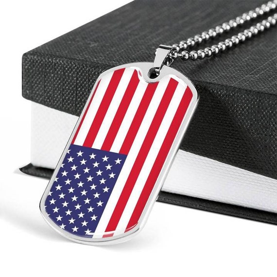 Dog Tag Necklace with USA Flag and silver sausage style chain 