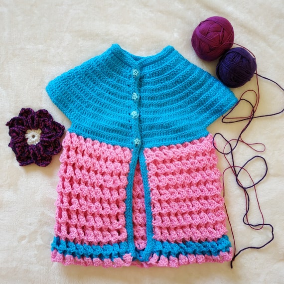 Veste bebe fille au crochet Turquoise et rose Tenue pour bebe Cadeau fait main pour fille 3 6 mois Veste bebe fille hiver Etsy France