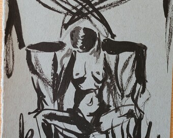 Rorschach Reflections (4.5"x6" Original Ink Illustration) Small Figure Drawing, Painting