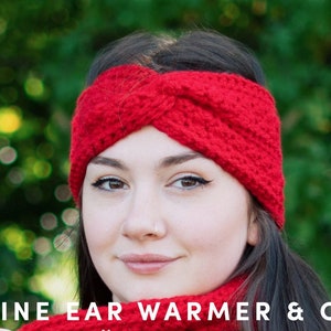 May include: A woman wearing a red crocheted ear warmer and cowl. The ear warmer is a headband style with a twisted design. The cowl is a long scarf that is wrapped around the neck. The text "KRISTINE EAR WARMER & COWL © sunflower cottage crochet" is visible on the image.