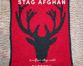 Stag afghan, easy corner to corner blanket, PDF Crochet Pattern only in 2 sizes!