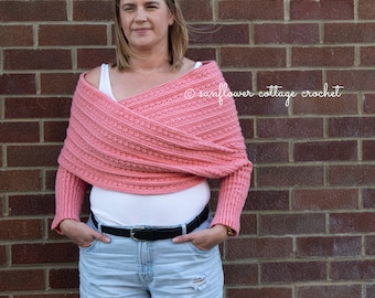 Robin Sleeved Wrap, women's size inclusive sweater scarf, xs to 5xl, crochet pattern only