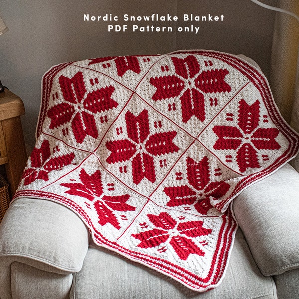 Nordic Snowflake Blanket - crochet PDF Pattern only, corner to corner afghan, chart, written and colour block instructions