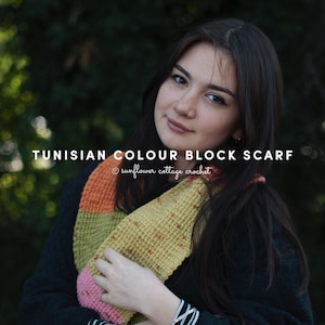 Tunisian Crochet Color Block Scarf, easy beginner crochet pattern with video tutorials