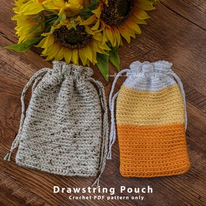May include: Two crocheted drawstring pouches, one in a beige and green speckled pattern and the other in a striped pattern of white, yellow, and orange. The text "Drawstring Pouch" and "Crochet PDF pattern only" is below the pouches.