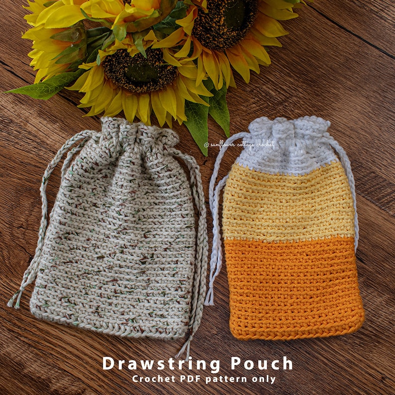 May include: Two crocheted drawstring pouches, one in a beige and green speckled pattern and the other in a striped pattern of white, yellow, and orange. The text "Drawstring Pouch" and "Crochet PDF pattern only" is below the pouches.
