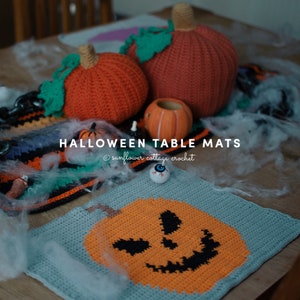 Set of 4 Halloween Placemats Crochet Patterns | Witch's Cat, Pumpkin, Witch's Hat & Bat with Moon Designs | Tapestry crochet pdf