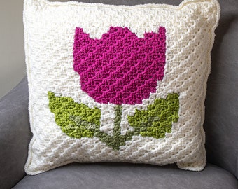 Tulip throw pillow, corner to corner crochet pattern and chart, spring home decor, easy pattern