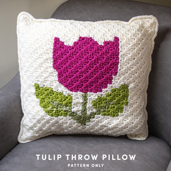 Tulip throw pillow, corner to corner crochet pattern and chart, spring home decor, easy pattern